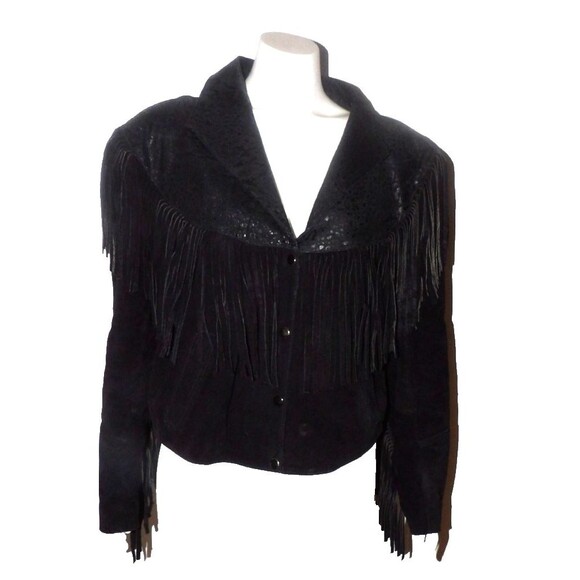 Maya Genuine Leather Vintage Black XL Jacket Coat Fringe Moto Snake Print Short - Picture 1 of 16